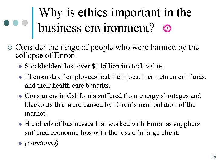 Why is ethics important in the business environment? ¢ Consider the range of people