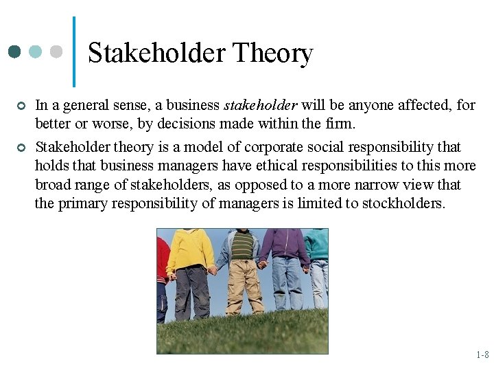 Stakeholder Theory ¢ ¢ In a general sense, a business stakeholder will be anyone