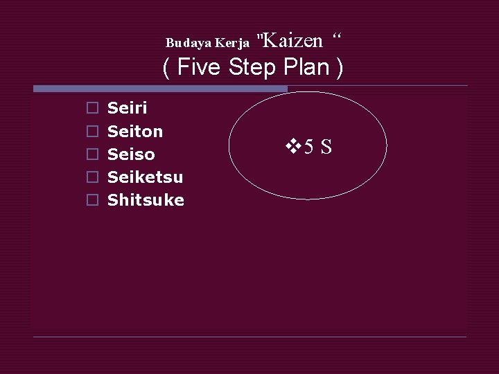 Budaya Kerja “Kaizen “ ( Five Step Plan ) o o o Seiri Seiton