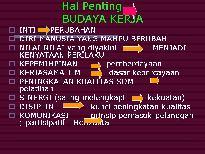 Hal Penting BUDAYA KERJA o INTI PERUBAHAN o DIRI MANUSIA YANG MAMPU BERUBAH o