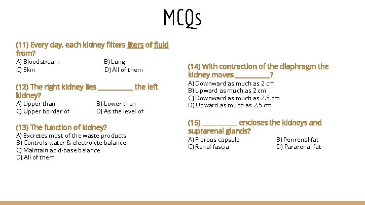 MCQs (11) Every day, each kidney filters liters of fluid from? A) Bloodstream C)
