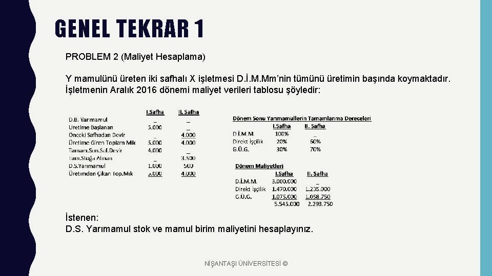 GENEL TEKRAR 1 PROBLEM 2 (Maliyet Hesaplama) Y mamulünü üreten iki safhalı X işletmesi