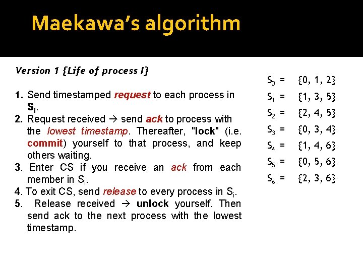 Maekawa’s algorithm Version 1 {Life of process I} 1. Send timestamped request to each