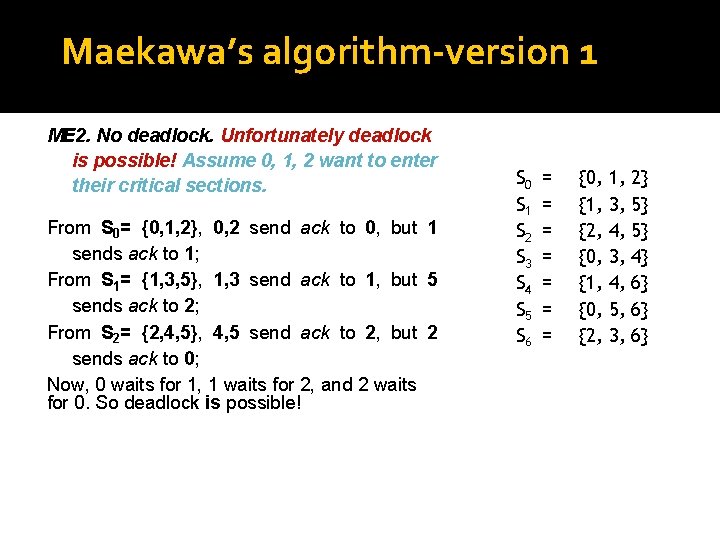 Maekawa’s algorithm-version 1 ME 2. No deadlock. Unfortunately deadlock is possible! Assume 0, 1,