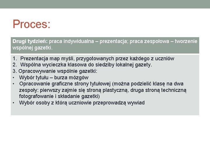 Proces: Drugi tydzień: praca indywidualna – prezentacja; praca zespołowa – tworzenie wspólnej gazetki. 1.