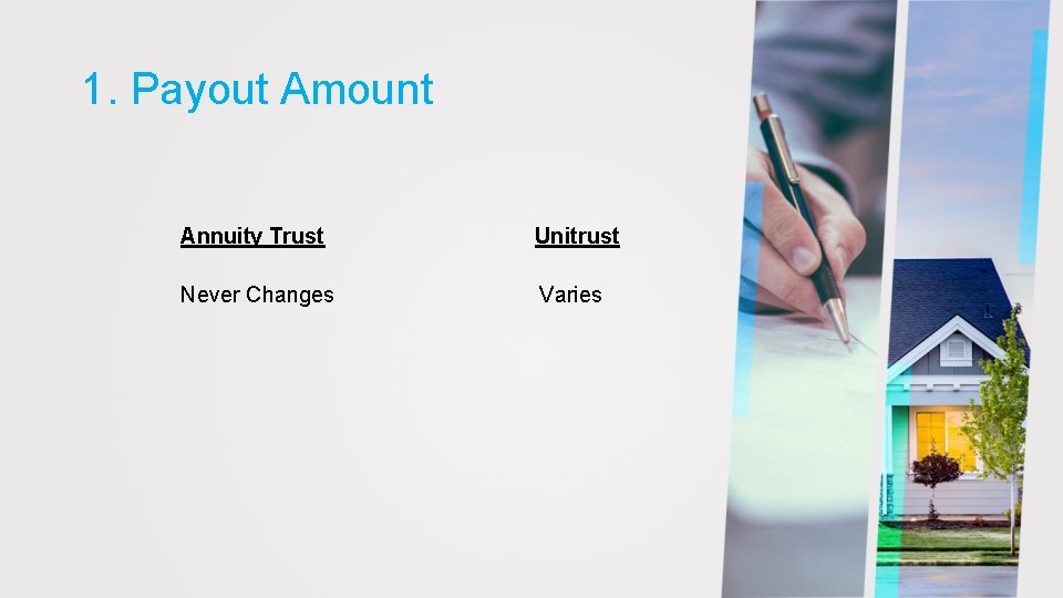 1. Payout Amount Annuity Trust Unitrust Never Changes Varies 
