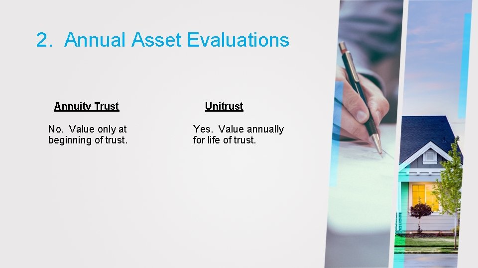 2. Annual Asset Evaluations Annuity Trust No. Value only at beginning of trust. Unitrust
