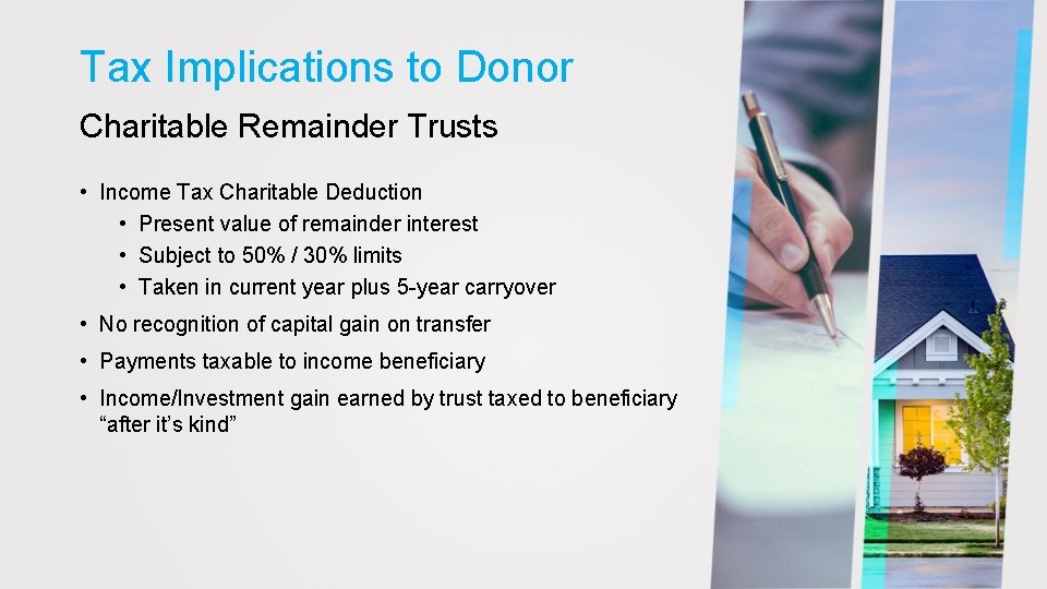 Tax Implications to Donor Charitable Remainder Trusts • Income Tax Charitable Deduction • Present