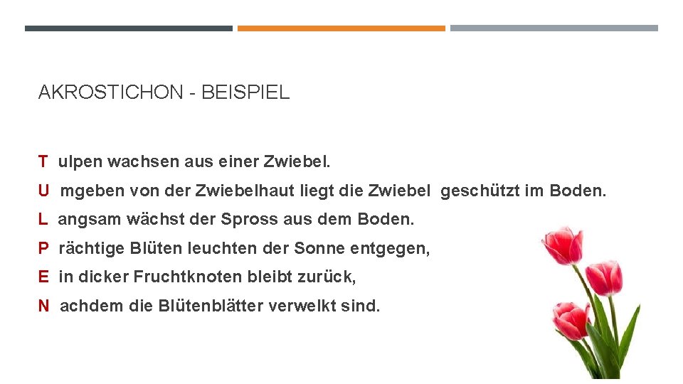 AKROSTICHON - BEISPIEL T ulpen wachsen aus einer Zwiebel. U mgeben von der Zwiebelhaut