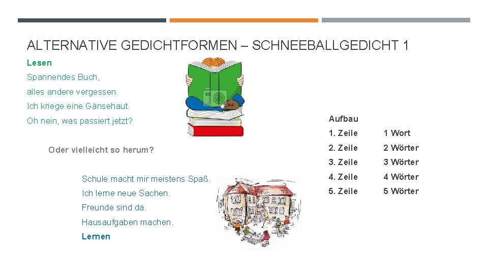 ALTERNATIVE GEDICHTFORMEN – SCHNEEBALLGEDICHT 1 Lesen Spannendes Buch, alles andere vergessen. Ich kriege eine