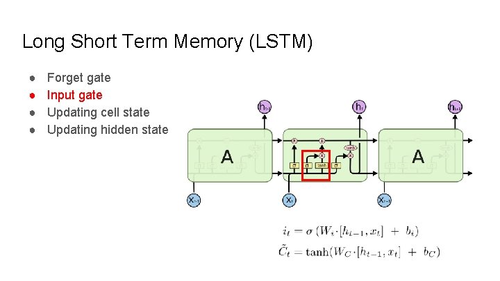 Long Short Term Memory (LSTM) ● ● Forget gate Input gate Updating cell state
