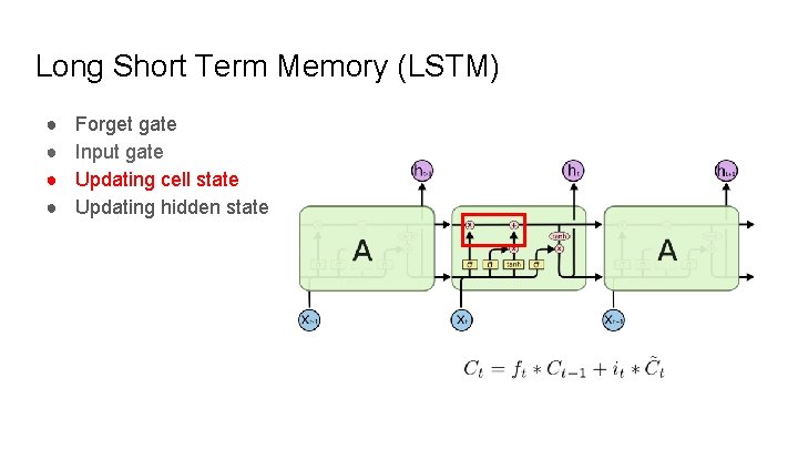 Long Short Term Memory (LSTM) ● ● Forget gate Input gate Updating cell state