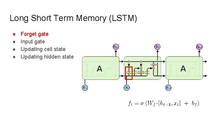 Long Short Term Memory (LSTM) ● ● Forget gate Input gate Updating cell state