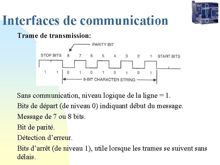 Interfaces de communication Trame de transmission: Sans communication, niveau logique de la ligne =