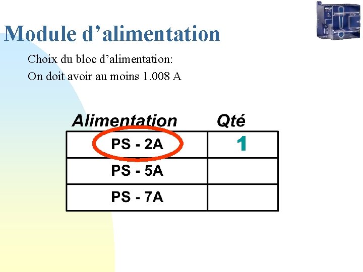 Module d’alimentation Choix du bloc d’alimentation: On doit avoir au moins 1. 008 A