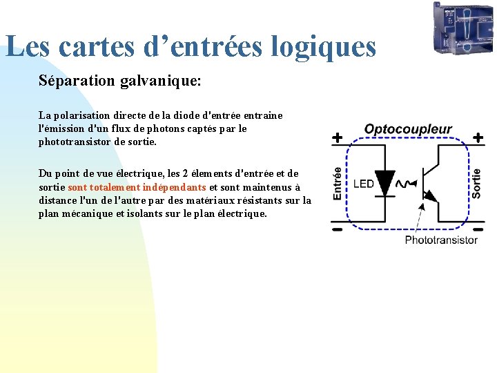 Les cartes d’entrées logiques Séparation galvanique: La polarisation directe de la diode d'entrée entraine