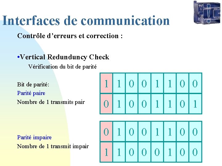 Interfaces de communication Contrôle d’erreurs et correction : • Vertical Redunduncy Check Vérification du