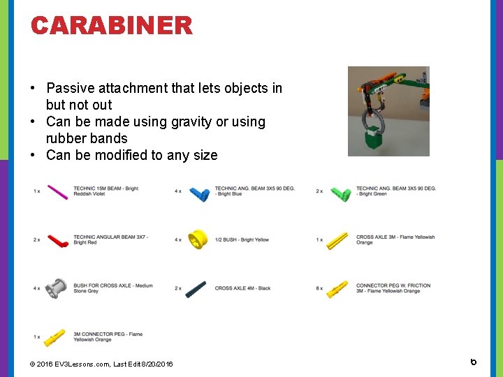  CARABINER • Passive attachment that lets objects in but not out • Can