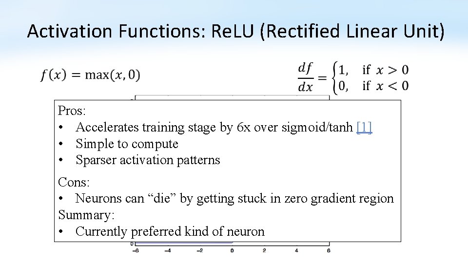 Activation Functions: Re. LU (Rectified Linear Unit) Pros: • Accelerates training stage by 6
