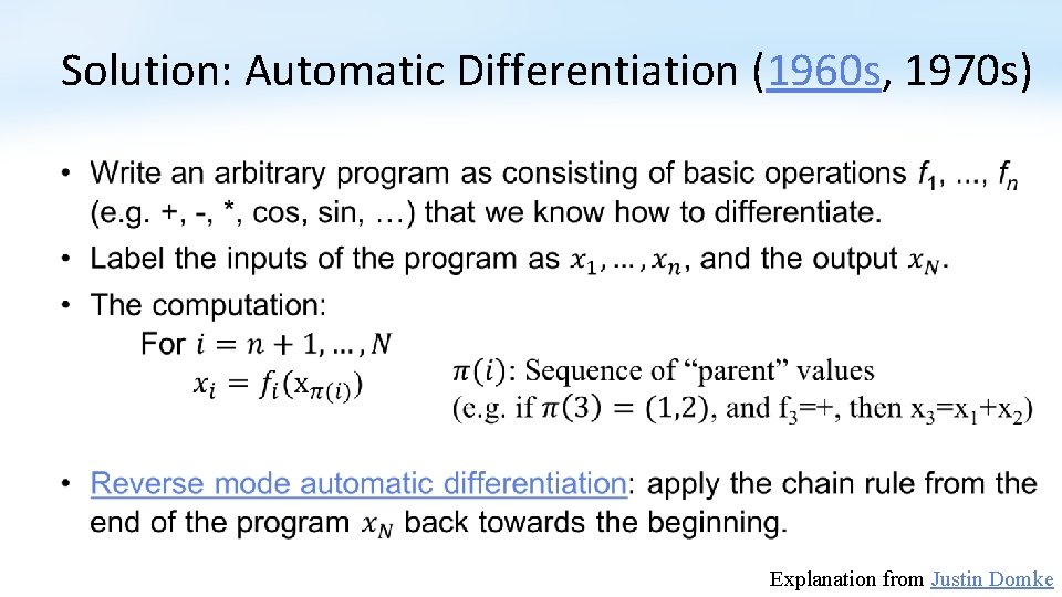 Solution: Automatic Differentiation (1960 s, 1970 s) • Explanation from Justin Domke 
