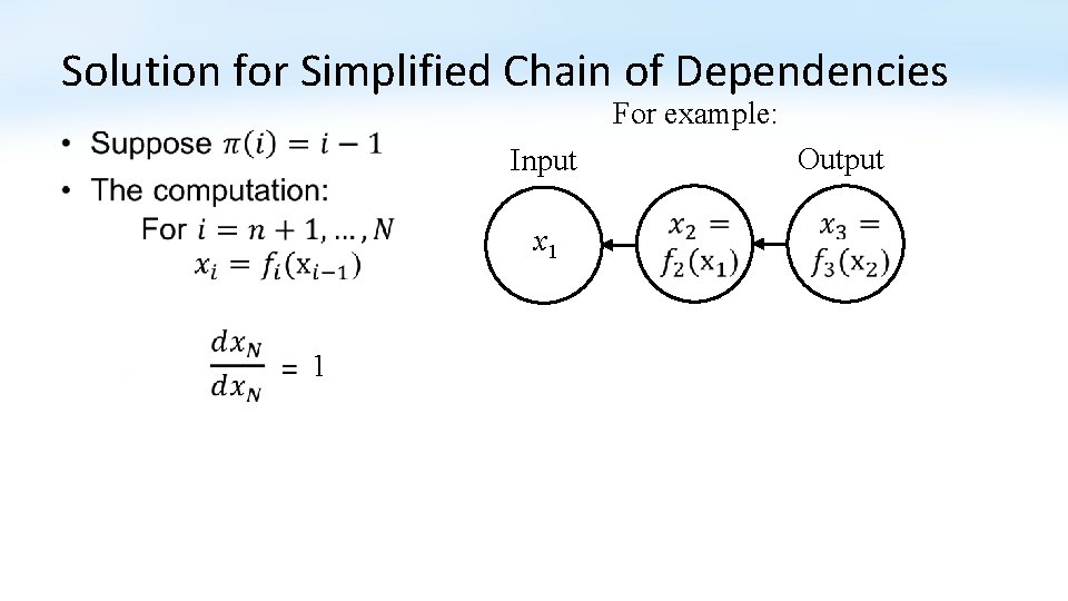 Solution for Simplified Chain of Dependencies For example: • Output Input x 1 1