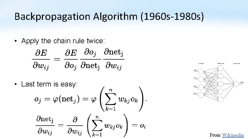 Backpropagation Algorithm (1960 s-1980 s) • Apply the chain rule twice: • Last term