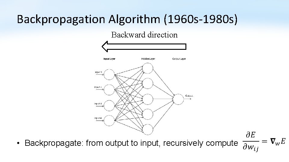 Backpropagation Algorithm (1960 s-1980 s) Backward direction • Backpropagate: from output to input, recursively