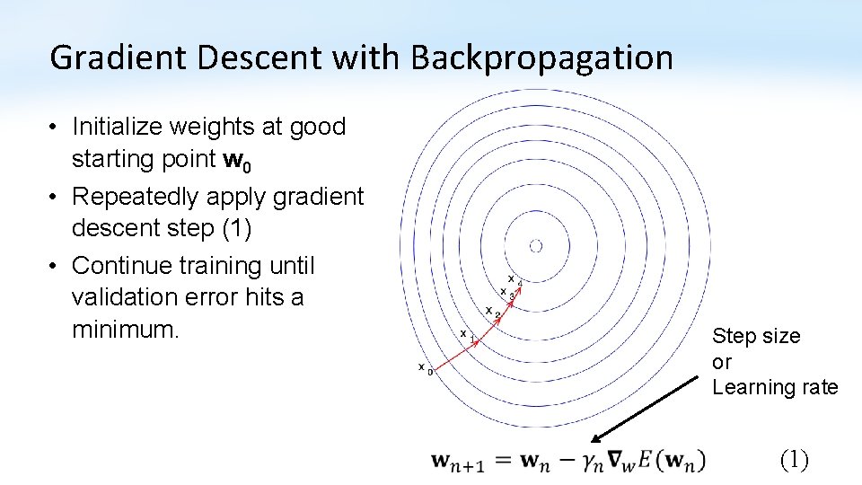 Gradient Descent with Backpropagation • Initialize weights at good starting point w 0 •