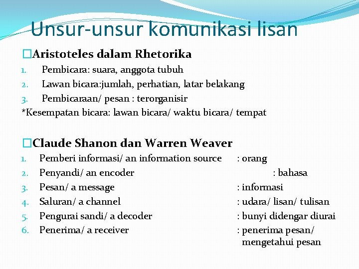 Unsur-unsur komunikasi lisan �Aristoteles dalam Rhetorika 1. Pembicara: suara, anggota tubuh 2. Lawan bicara: