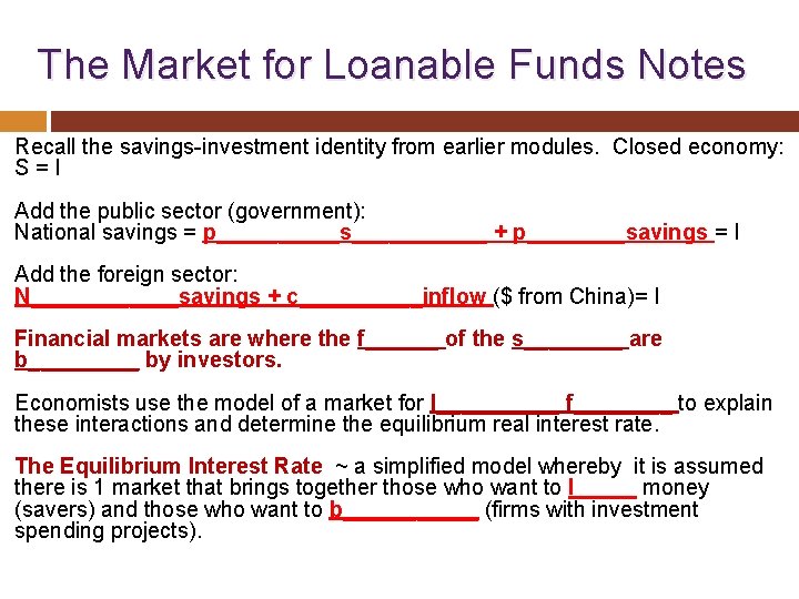  The Market for Loanable Funds Notes Recall the savings investment identity from earlier