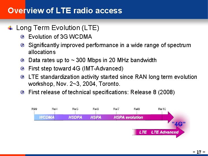 Overview of LTE radio access Long Term Evolution (LTE) Evolution of 3 G WCDMA