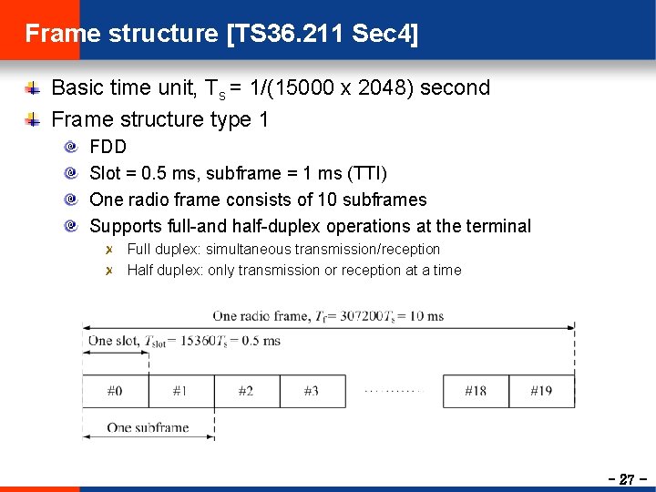Frame structure [TS 36. 211 Sec 4] Basic time unit, Ts = 1/(15000 x