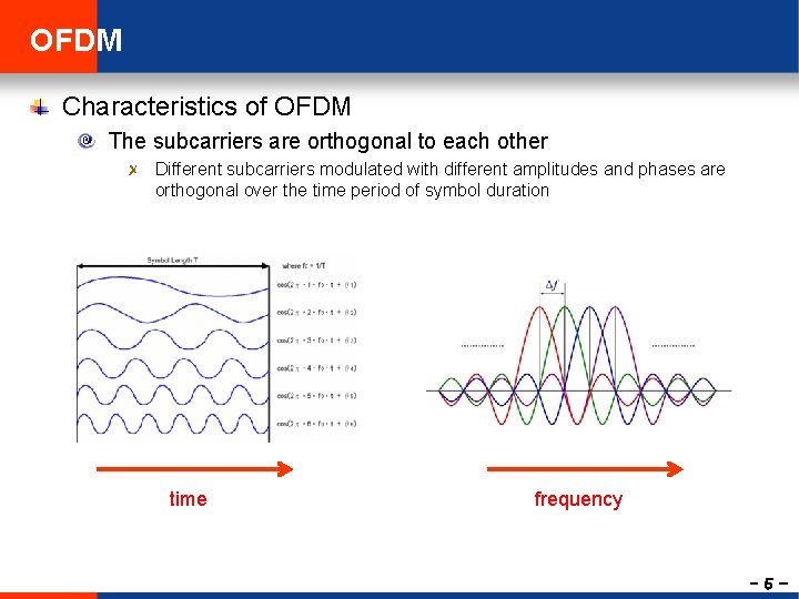 OFDM Characteristics of OFDM The subcarriers are orthogonal to each other Different subcarriers modulated