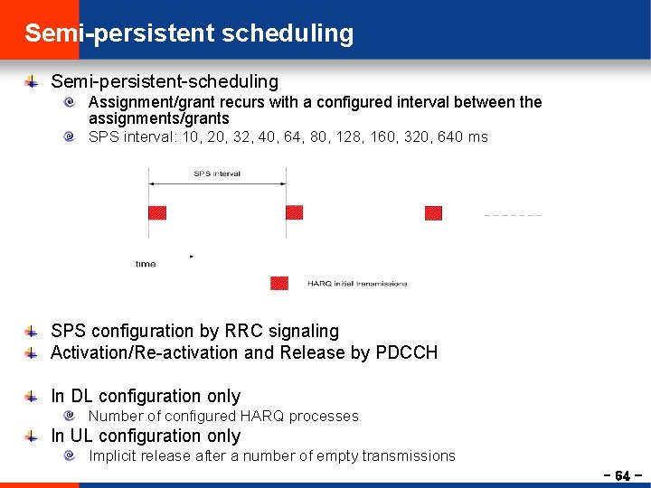 Semi-persistent scheduling Semi-persistent-scheduling Assignment/grant recurs with a configured interval between the assignments/grants SPS interval:
