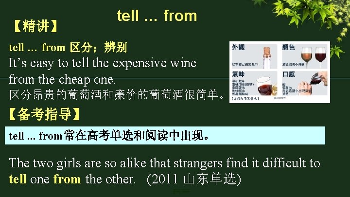 【精讲】 tell … from 区分；辨别 It’s easy to tell the expensive wine from the