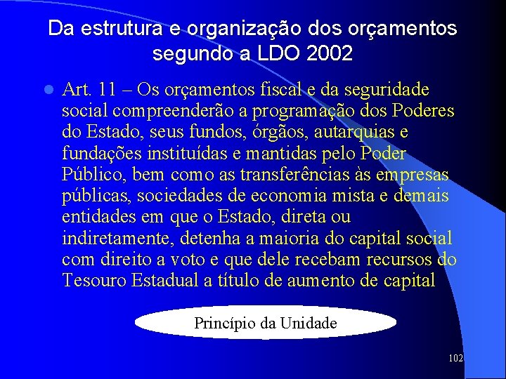 Da estrutura e organização dos orçamentos segundo a LDO 2002 l Art. 11 –