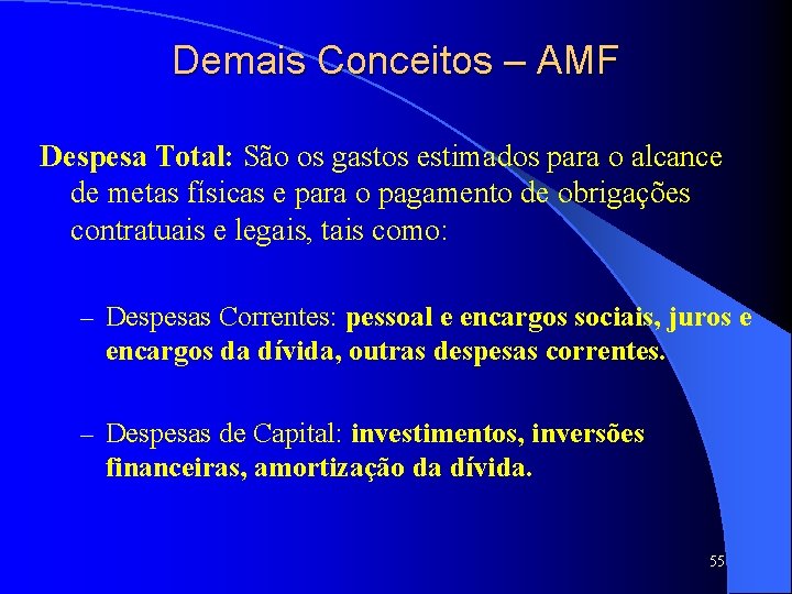 Demais Conceitos – AMF Despesa Total: São os gastos estimados para o alcance de