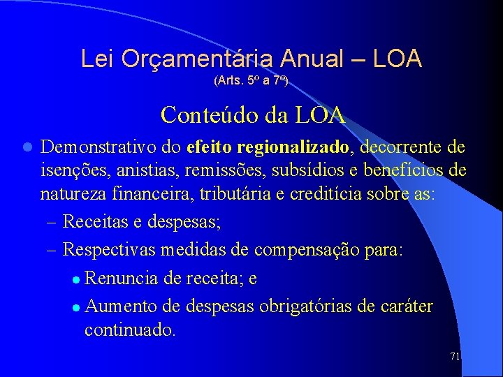 Lei Orçamentária Anual – LOA (Arts. 5º a 7º) Conteúdo da LOA l Demonstrativo