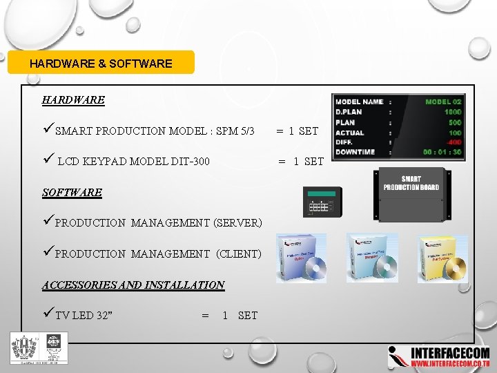 HARDWARE & SOFTWARE HARDWARE üSMART PRODUCTION MODEL : SPM 5/3 = 1 SET ü