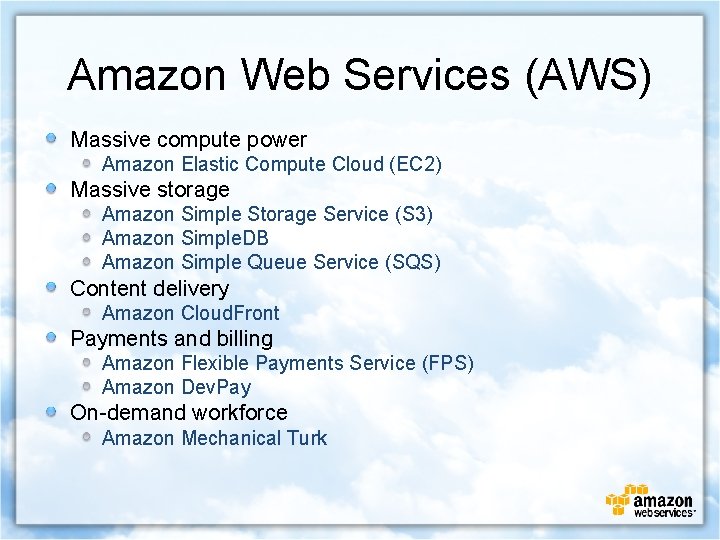 Amazon Web Services (AWS) Massive compute power Amazon Elastic Compute Cloud (EC 2) Massive