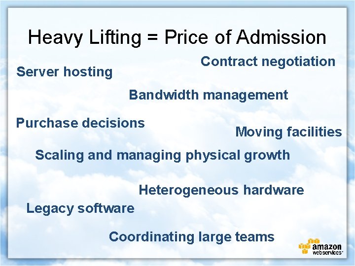 Heavy Lifting = Price of Admission Contract negotiation Server hosting Bandwidth management Purchase decisions