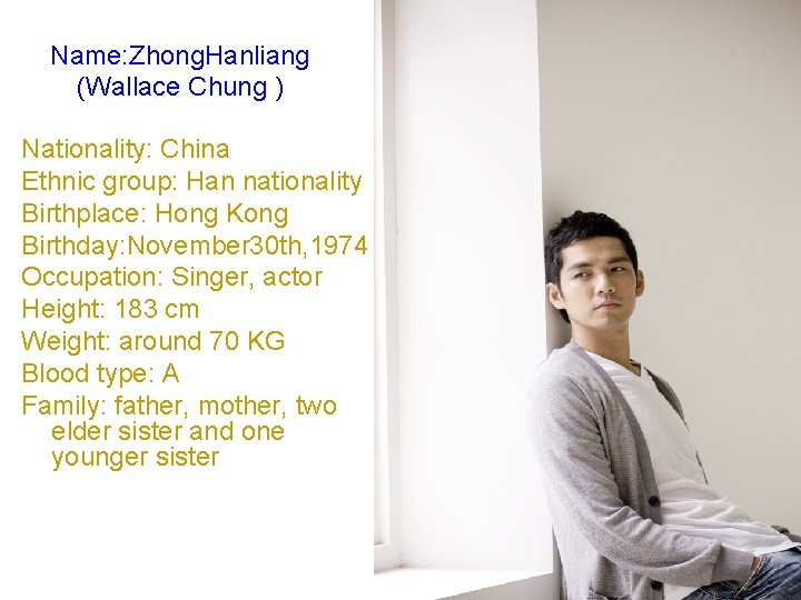 Name: Zhong. Hanliang (Wallace Chung ) Nationality: China Ethnic group: Han nationality Birthplace: Hong