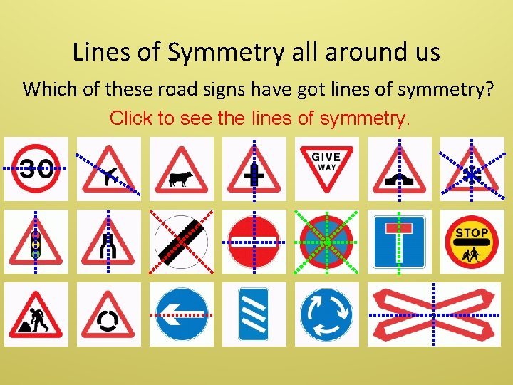 Lines of Symmetry all around us Which of these road signs have got lines