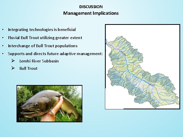 DISCUSSION Management Implications • Integrating technologies is beneficial • Fluvial Bull Trout utilizing greater