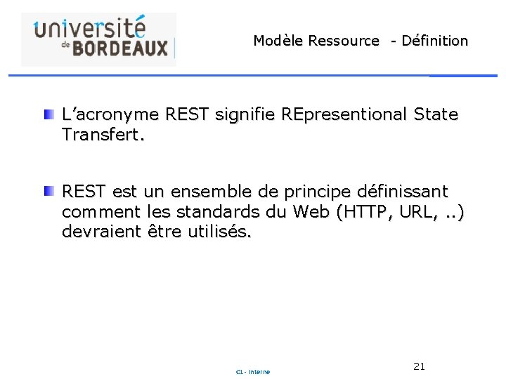 Modèle Ressource - Définition L’acronyme REST signifie REpresentional State Transfert. REST est un ensemble