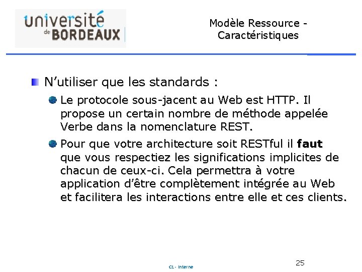 Modèle Ressource - Caractéristiques N’utiliser que les standards : Le protocole sous-jacent au Web