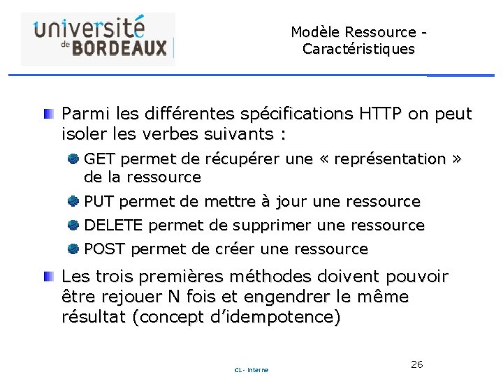 Modèle Ressource - Caractéristiques Parmi les différentes spécifications HTTP on peut isoler les verbes