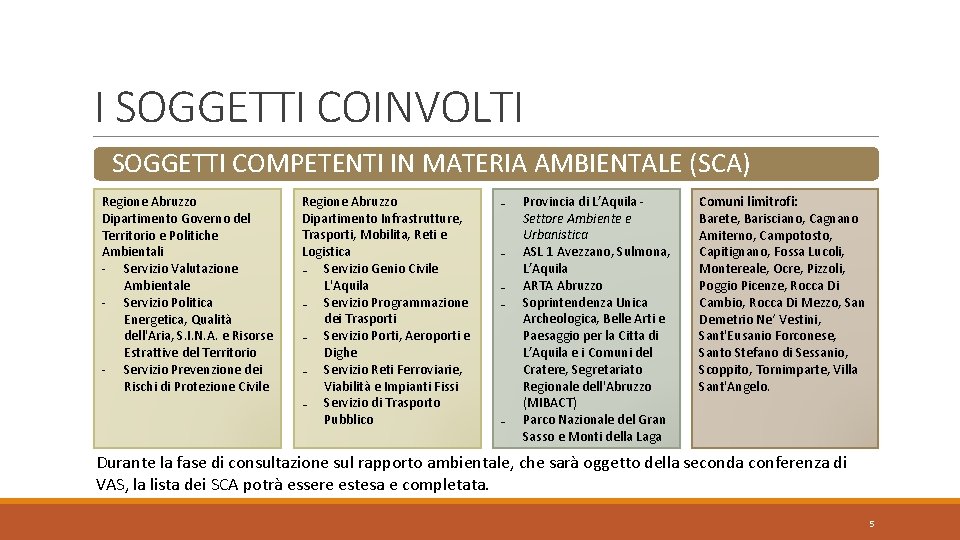 I SOGGETTI COINVOLTI SOGGETTI COMPETENTI IN MATERIA AMBIENTALE (SCA) Regione Abruzzo Dipartimento Governo del