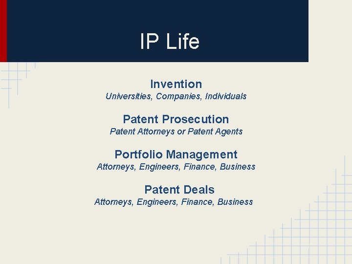 IP Life Invention Universities, Companies, Individuals Patent Prosecution Patent Attorneys or Patent Agents Portfolio