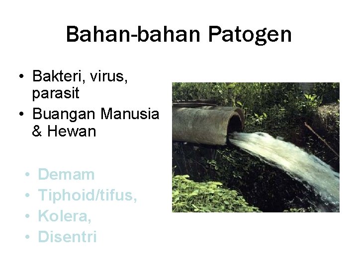 Bahan-bahan Patogen • Bakteri, virus, parasit • Buangan Manusia & Hewan • • Demam